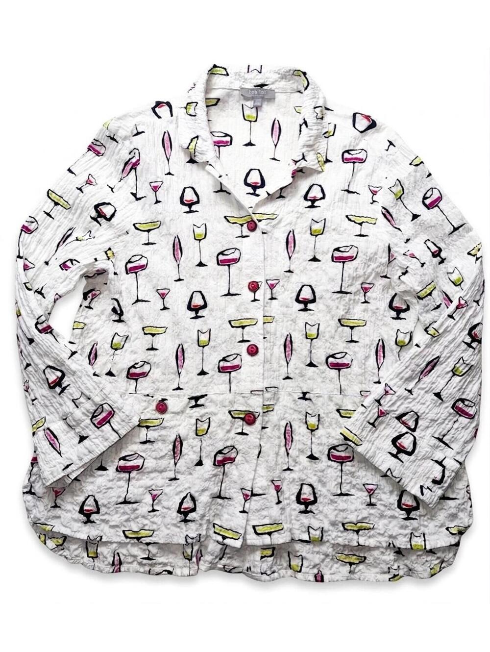 Habitat Clothes to Live in Cocktail Print Shirt l  Women’s Sz XS Art to Wear